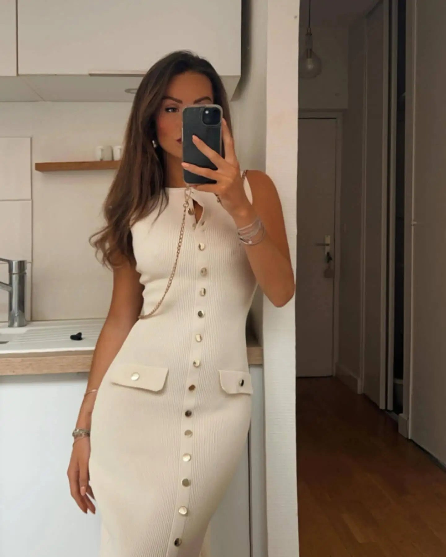 Long Buttoned Knit Dress