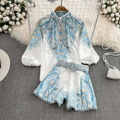 Stand Collar Wide Leg shorts Vintage Floral Summer Outfits