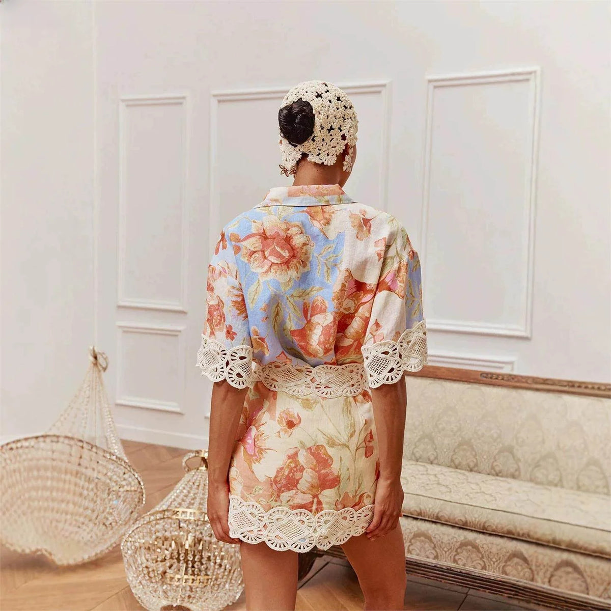 VACAY 2026 Women's Floral Lace Shirt Short Skirt Set Casual Three-Piece Suit European Style Three-Quarter Sleeve Plant Floral... - Shellss