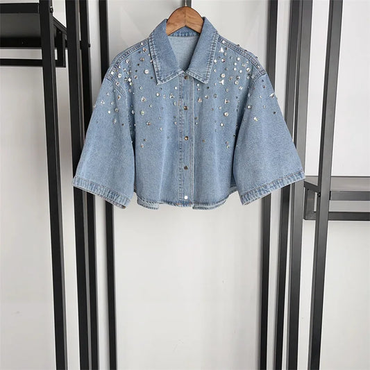 2025 Denim Blue Rhinestone Lapel Top & Shorts