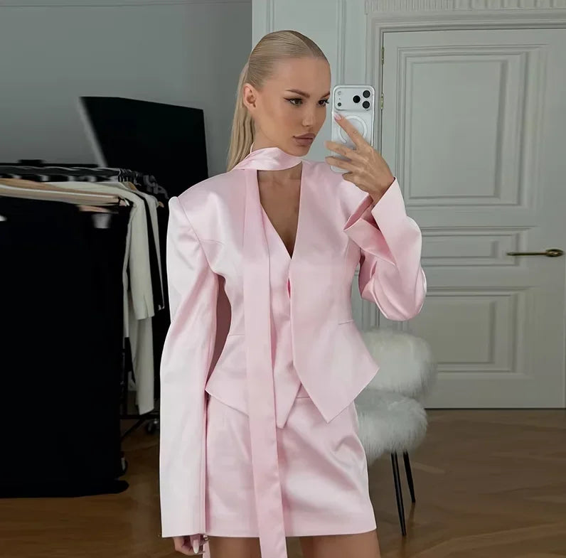 Solid Cropped Satin Blazer & Skirt Set