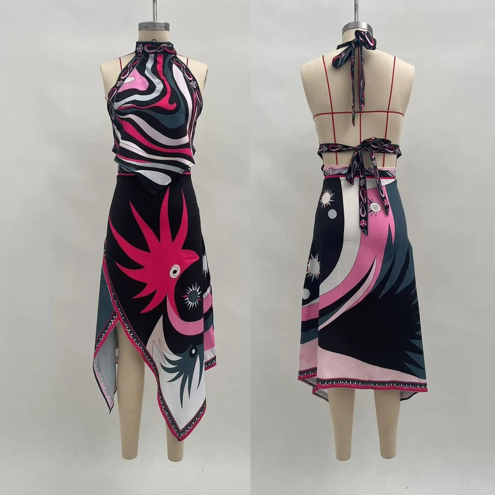 Irregular Satin Print Suit Women Halter Neck Lace Up Tank Top Midi Skirt 2 Pieces Set 2026 New Lady Summer Casual Vacation Wear