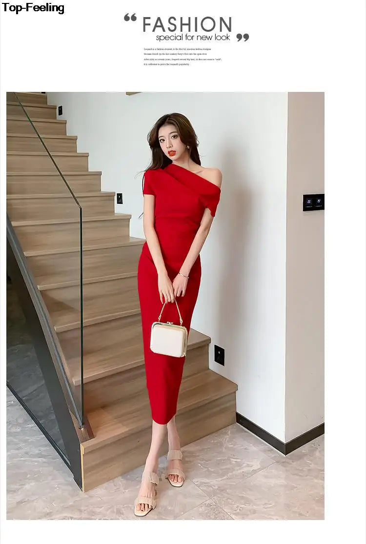 Elegant Off Shoulder Evening Party Dresses ONE SHOULDER DROP SHOULDER red