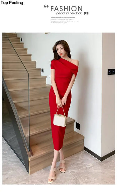 Elegant Off Shoulder Evening Party Dresses ONE SHOULDER DROP SHOULDER red