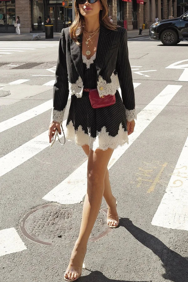 Temperament Women's Dress Two Piece Set White Lace Patchwork Spaghetti Strap Dresses Blazer 2 Piece Sets Fashion Trendy Female