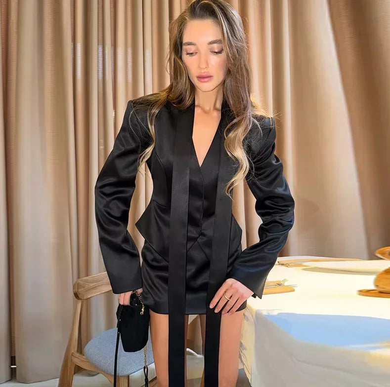 Solid Cropped Satin Blazer & Skirt Set
