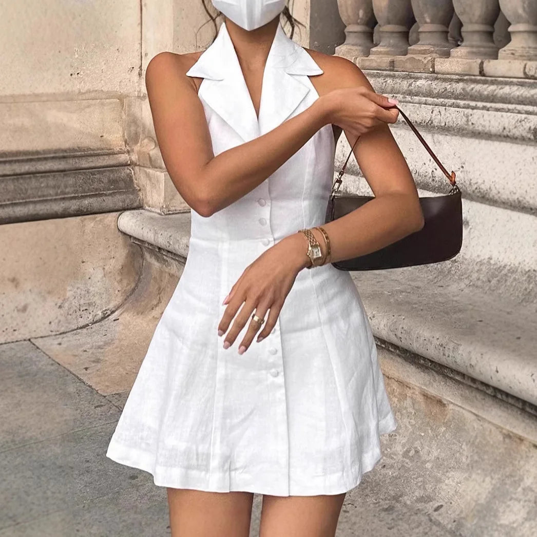 2026 Summer New White Halter Neck V Neck Sleeveless Backless Waist Cinching A Line Short Dress Multi Color Optional