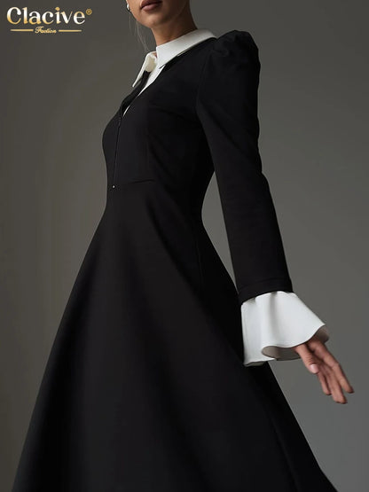 Black Elegant Lapel Long Sleeve Office Midi Dresses