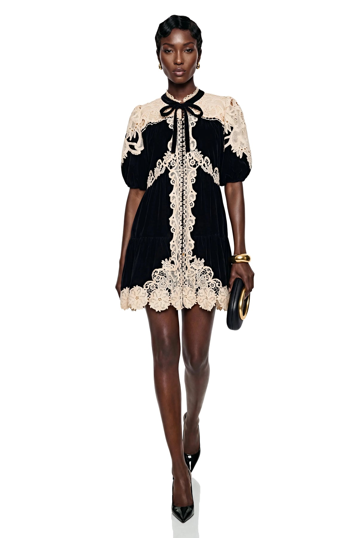 Customized Black Velvet Mini Dress Beige Crochet Lace Patchwork Puff Sleeve Bow Tie Neck Vintage Short Dress Elegant Party Dress - Shellss