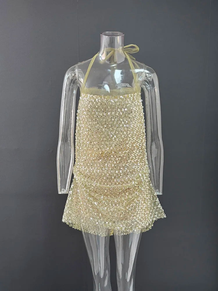 DEAT Fashion Slim Fit Sequins Neck Bow Tie Mini Dress Women's Patchwork Chic Backless Halter Dresses Summer New 7A5515