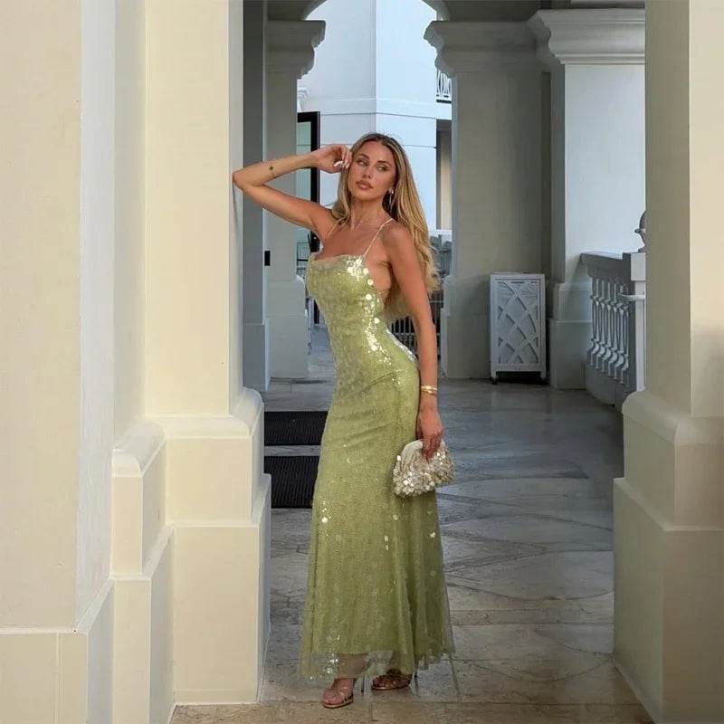 Sequin Deep V-neck Long Dress Women Chic Sleeveless Spaghetti Strap Backless Mermaid Robes Lady Sexy Evening New Party Dresses