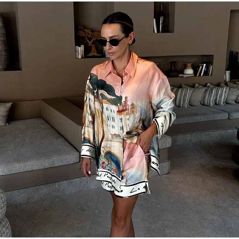 Fashion Printed 2 Piece Set Loose Lapel Button Long Sleeved Shirt Elastic Waist Shorts Suit 2025 Summer Autumn Beach Lady Set