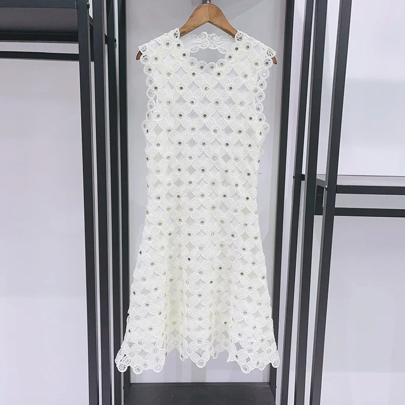 New Summer Set: Two-piece Set Including A Hollowed-out Crochet Rhinestone-embellished Knit Vest and Wide-leg Pants