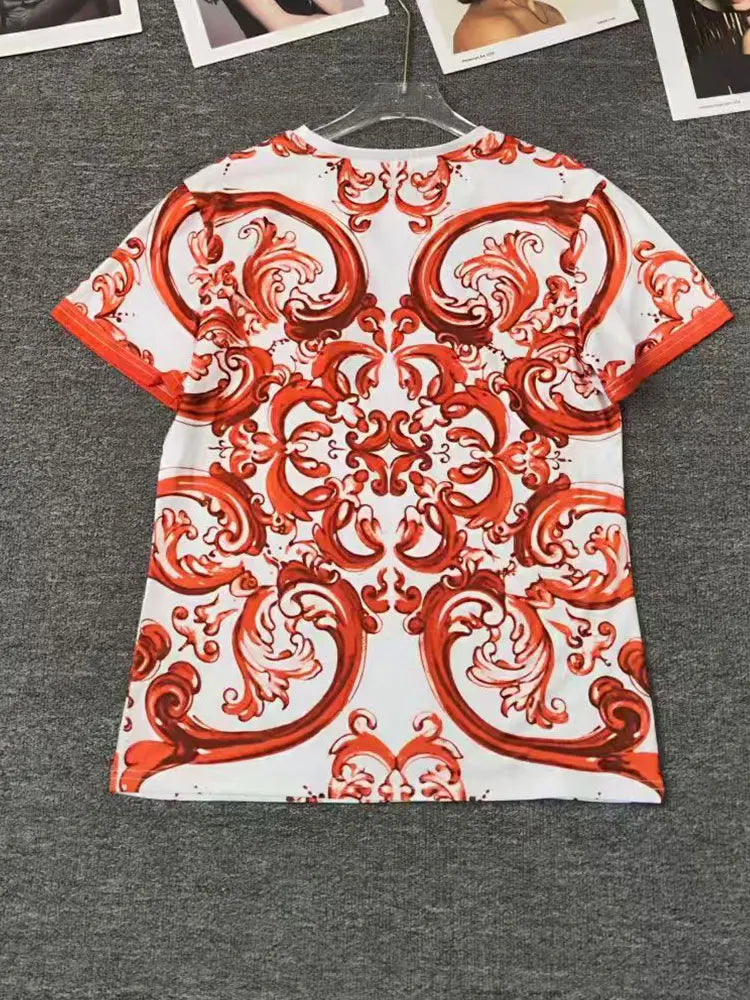 2026 Fashion Print Two-Piece Suit T-Sleeve T-Shirt round Neck Short Sleeves Big Fluffy Skirt Temperament Female Dress Code - Shellss