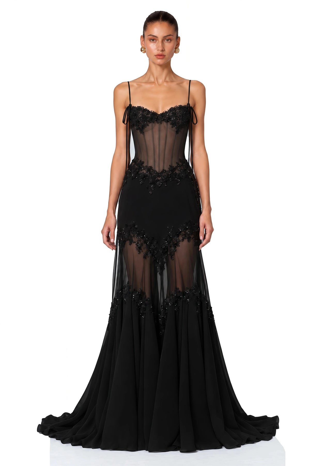 2026 New Black Spaghetti Strap Corset Evening Gown, 3D Floral Beaded Lace Sheer Mermaid Maxi Dress Prom Wedding Guest Red Carpet - Shellss