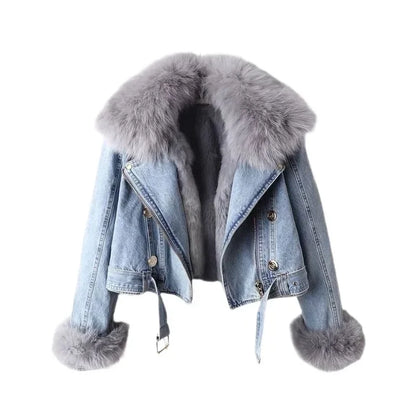 Denim Jacket Casual Punk Biker Faux Fox Fur Zipper Cowboy Coat