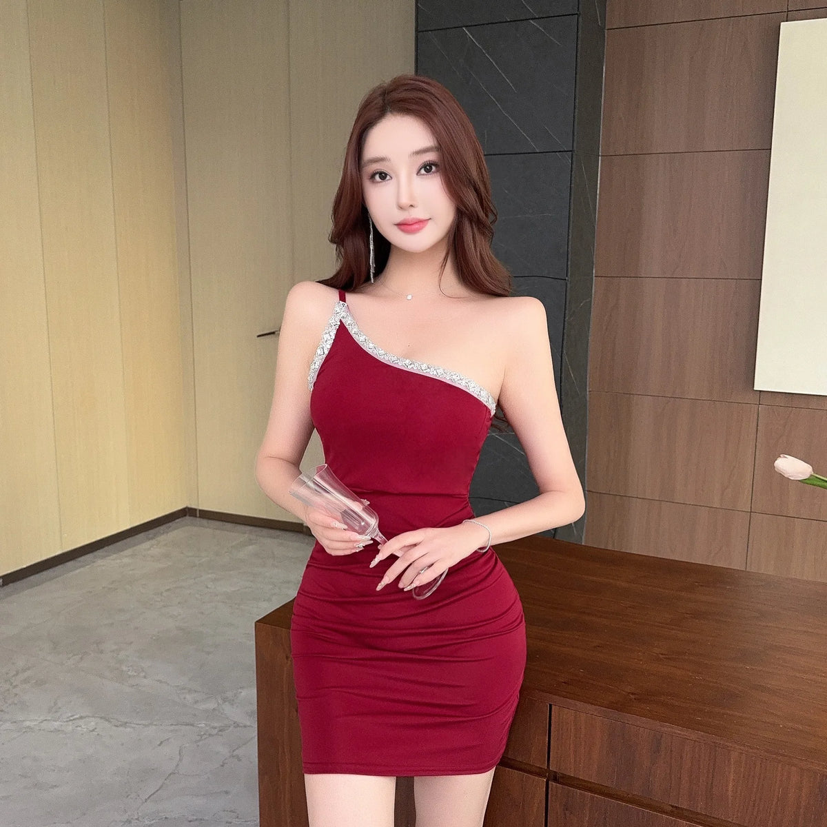 Sexy Low Cut Bodycon Dress Evening Club Single Shoulder Short Skirt Tight Fit Slimming Backless High Waist Polyester Fiber