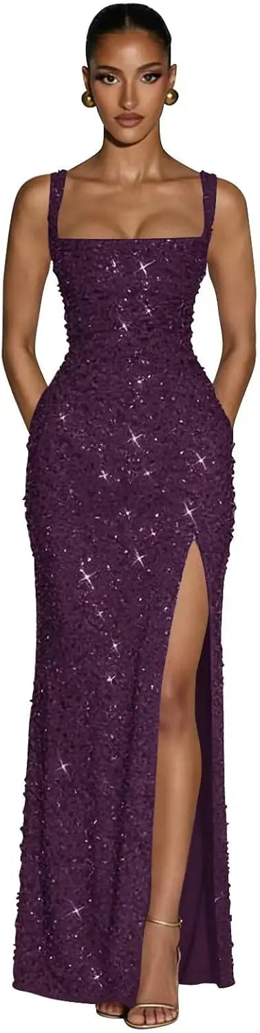 Eightale Sequin Prom Dress for Women Sparkly Mermaid Long Backless Formal Evening Party Gown with Slit