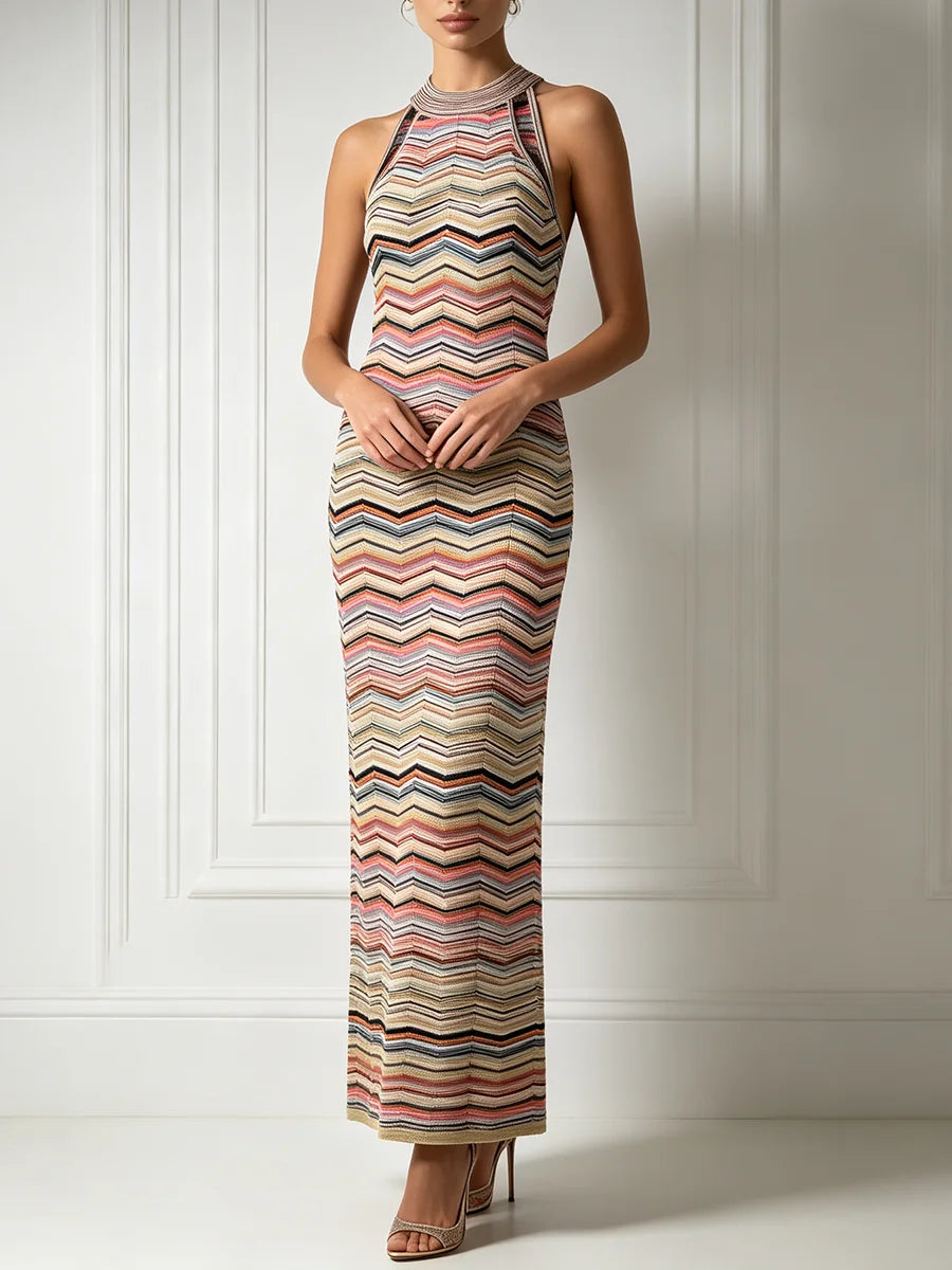 VGH Chic Multicolor Chevron Striped Knit Maxi Dress for Women Halter Sleeveless High Neck Keyhole Back Button Closure Bodycon