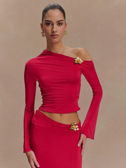 Women's Metal Flower Skirt Two Piece Set Sexy Slanted Neck Long Sleeves Top + Slim Long Skirt Suits Celebrity Party Cocktail