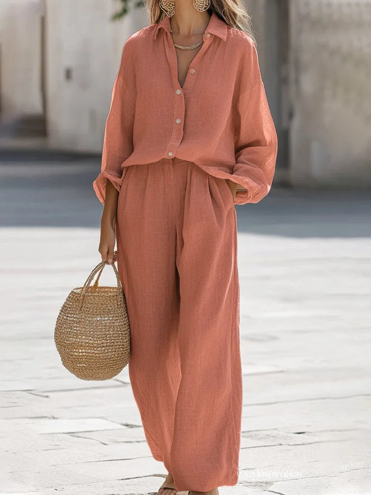 Linen Shirt Pants Suits Casual Two Piece Set