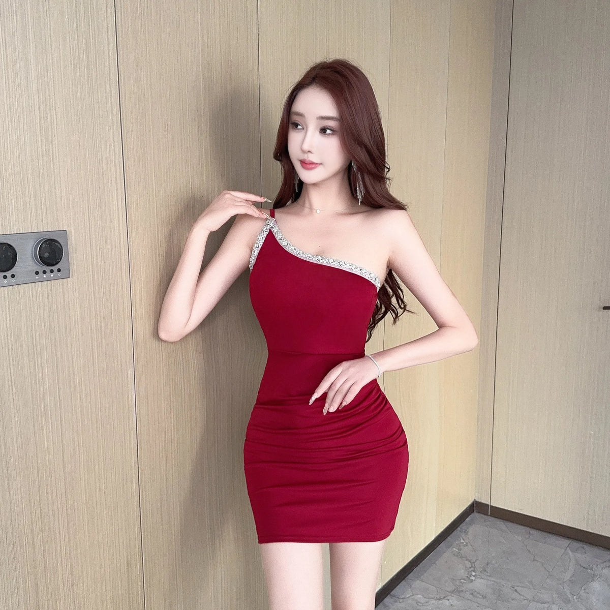 Sexy Low Cut Bodycon Dress Evening Club Single Shoulder Short Skirt Tight Fit Slimming Backless High Waist Polyester Fiber