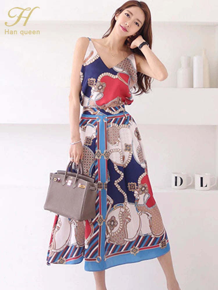 H Han Queen Hot Sale Summer Women Print Work 2 Pieces Set Camisole Top Blouses + Vintage A-Line Skirt Korean Simple Skirt Suit