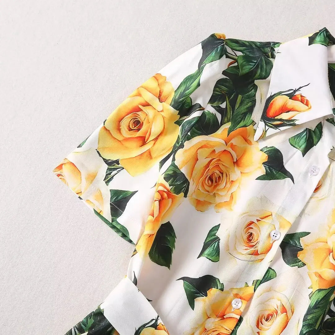 Yellow Roses Midi Dress Cotton