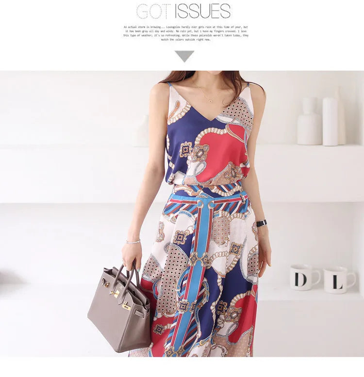 H Han Queen Hot Sale Summer Women Print Work 2 Pieces Set Camisole Top Blouses + Vintage A-Line Skirt Korean Simple Skirt Suit
