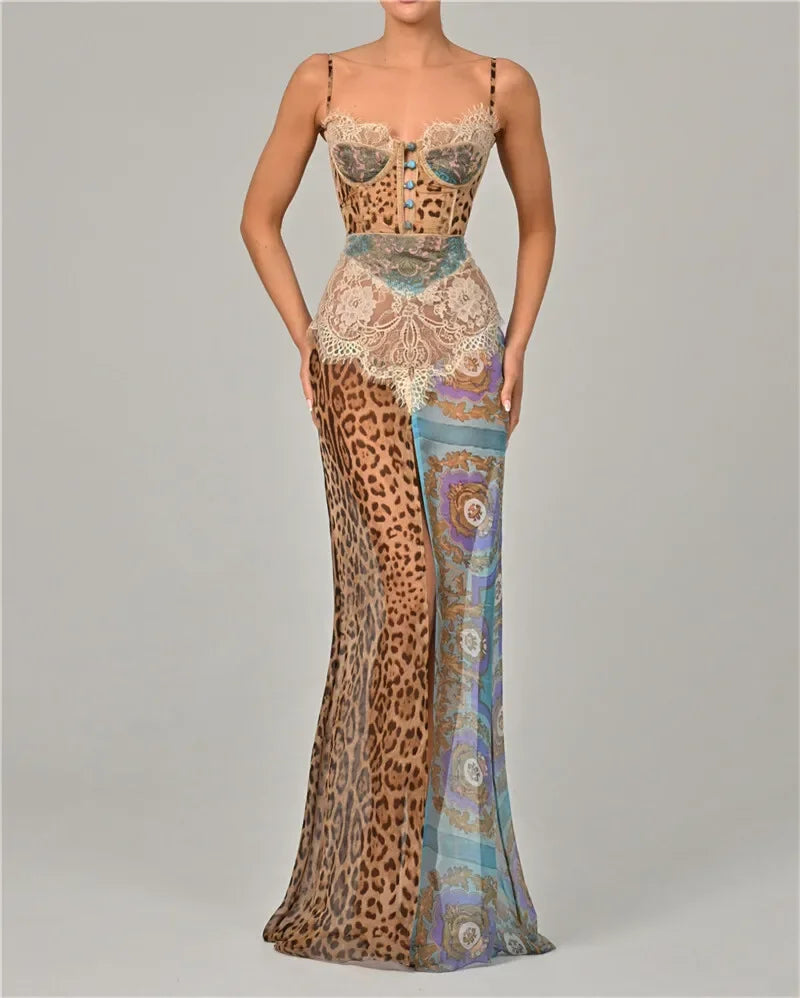 Summer Strap Leopard Lace Split Sexy Long Dress Women's Elegant Patched Chiffon Sleeveless Backless Beach Evening Dress - Shellss