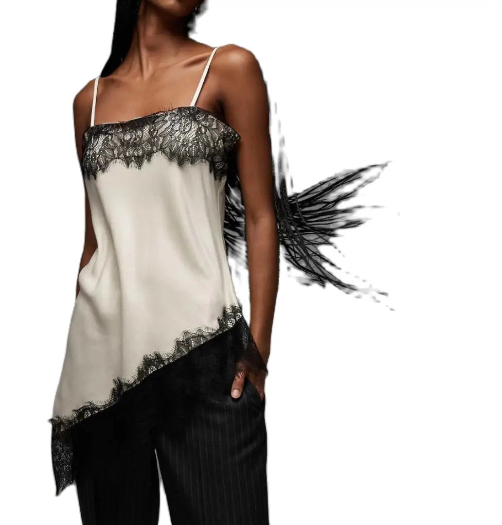 Vintage Lace Satin Asymmetrical Tanks Tops - Shellss