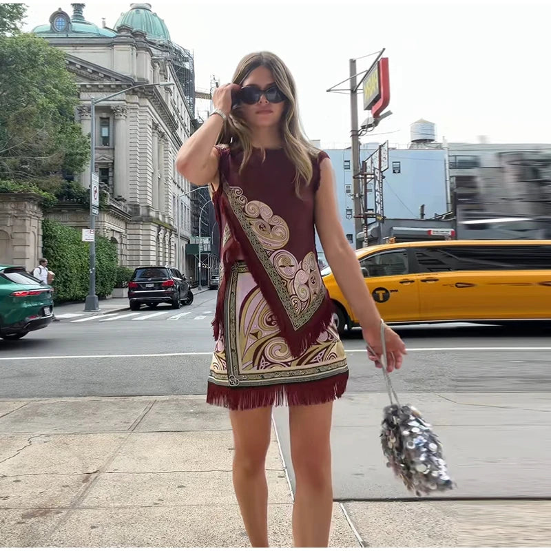 Women Retro Scarf Print Fringe Two Piece Set Sleeveless Round Neck Top Mini Skirt Boho 2026 Summer Vacation Matching Outfit