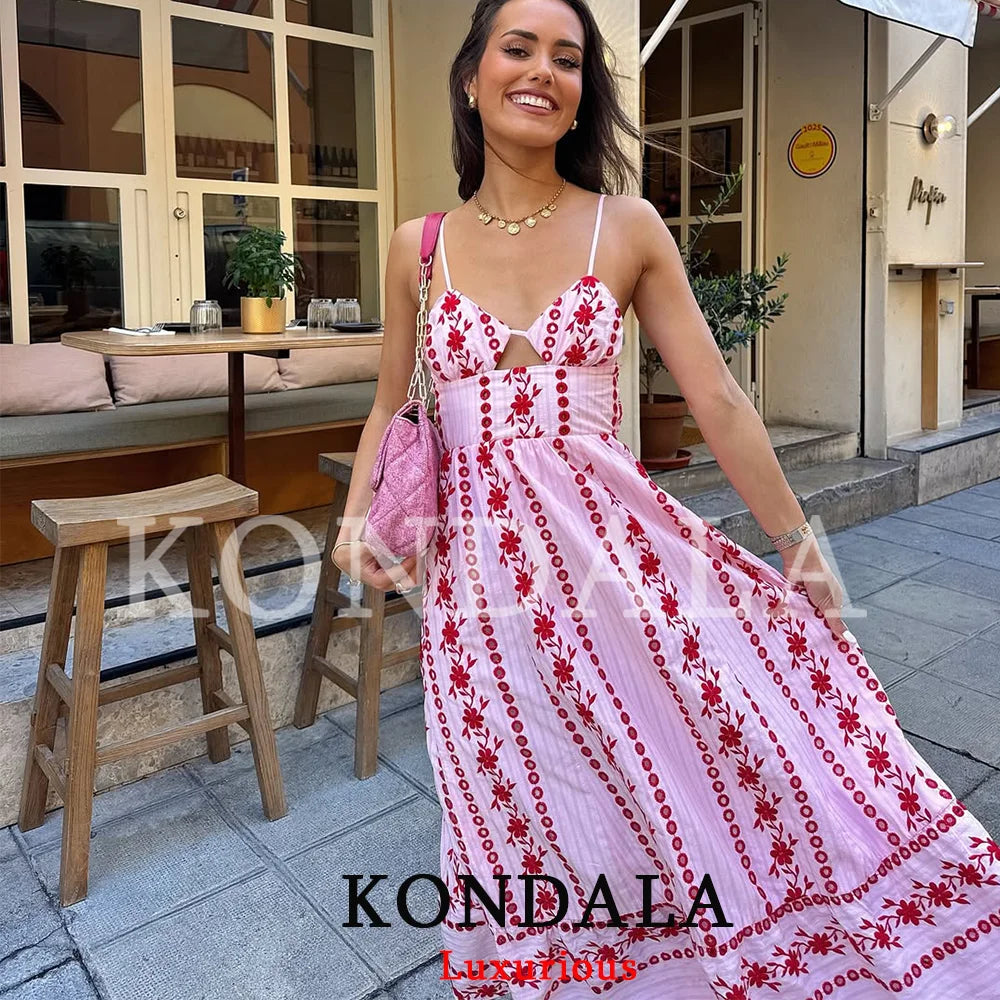 KONDALA Vintage Boho Embroidery Pink Cami Dress Women Backless Lace Up Holiday Beach Dress Fashion 2026 Summer Elegant Dress