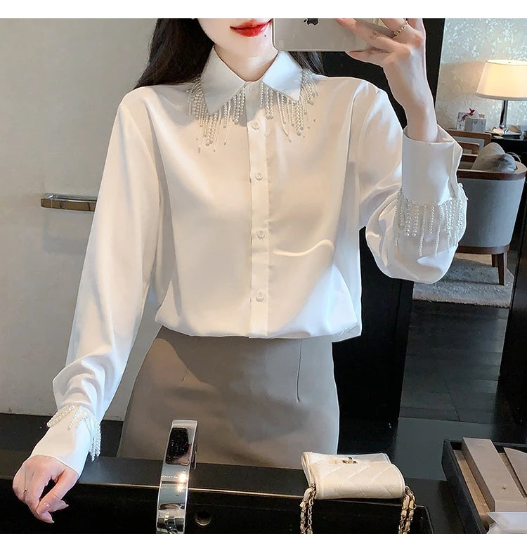 Luxus Perlen Perlen Quasten Weiße Hemden