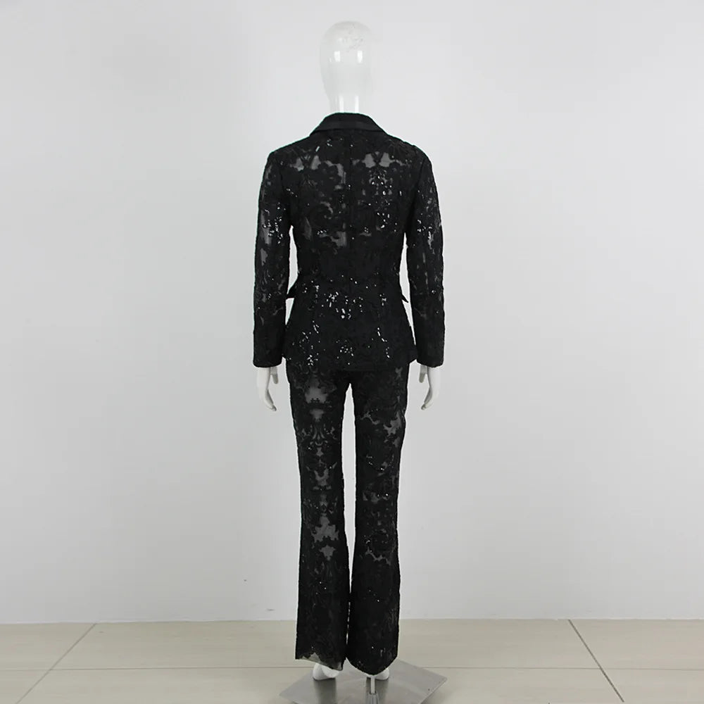 HIGH STREET Newest 2024 Designer Runway Suit Set Women's Single Button Guipure Lace Blazer  Flare Pants Set