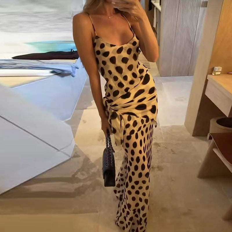 2026 Summer Polka Dot Print Long Dress Off Shoulder Lace Up Slim Fit Holiday Dress Ladies Sexy Backless Cocktail Party Dresses