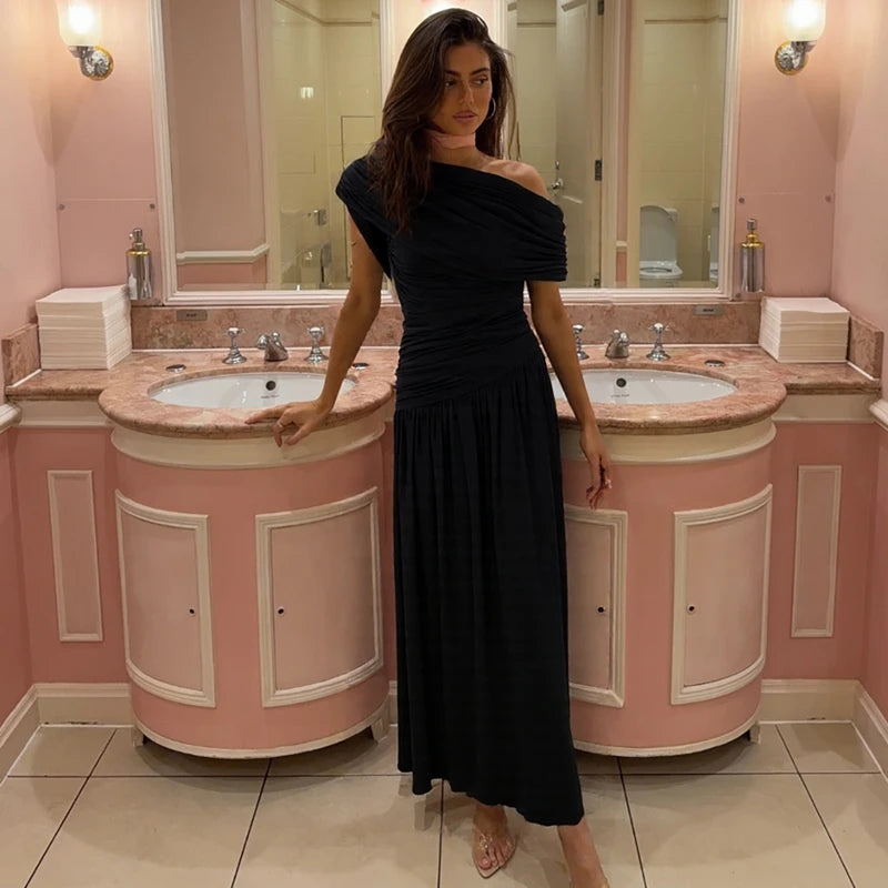 Hugcitar One Shoulder Ruched Sleeveless Solid Pleated Sexy Irregular Y2K Maxi Dress Summer Elegant Party Women Clothes Vacation - Shellss