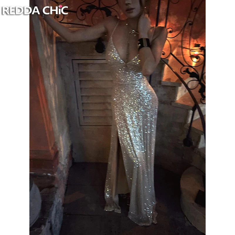 REDDACHiC Sequined Glitter Party Gown Split Plung V-Neck Laced Backless Maxi Long Dress Evening Homecoming Sexy Woman Clothing