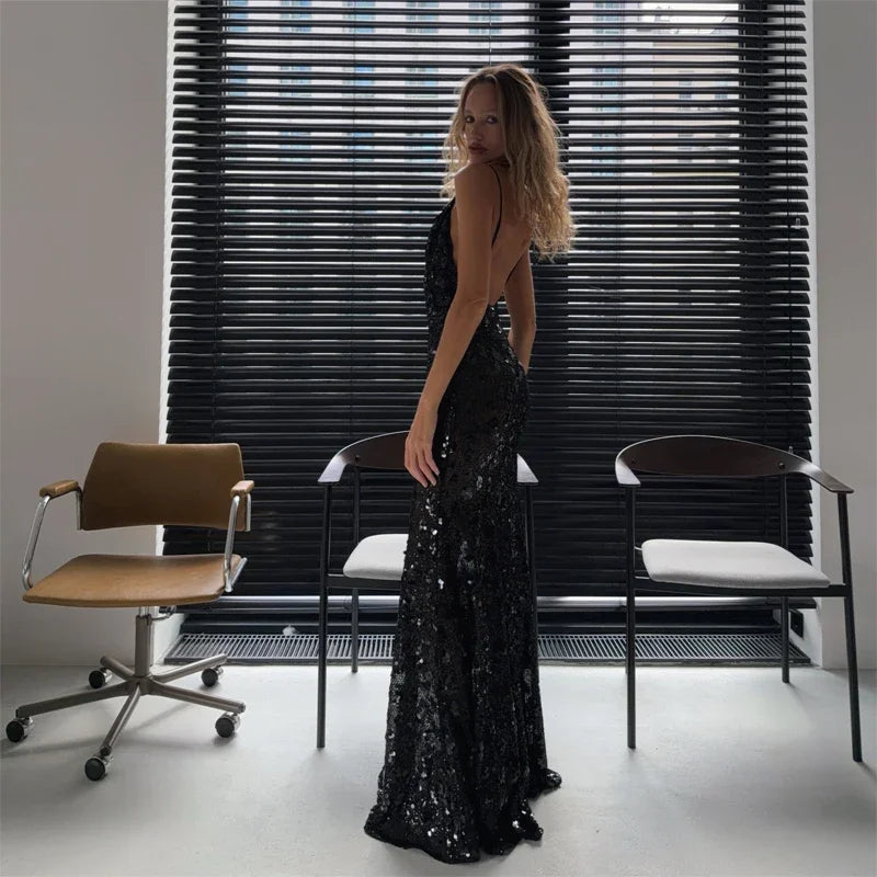 Sequin Deep V-neck Long Dress Women Chic Sleeveless Spaghetti Strap Backless Mermaid Robes Lady Sexy Evening New Party Dresses