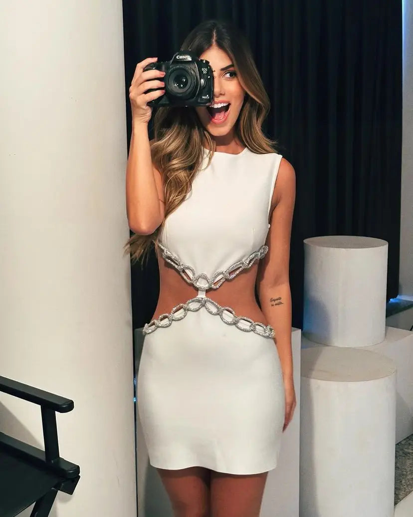 Sexy Hollow Out Diamonds Mini Dress Sleeveless Backless Solid Short Bandage Dresses Luxury Cocktail Evening Club Party Outfit