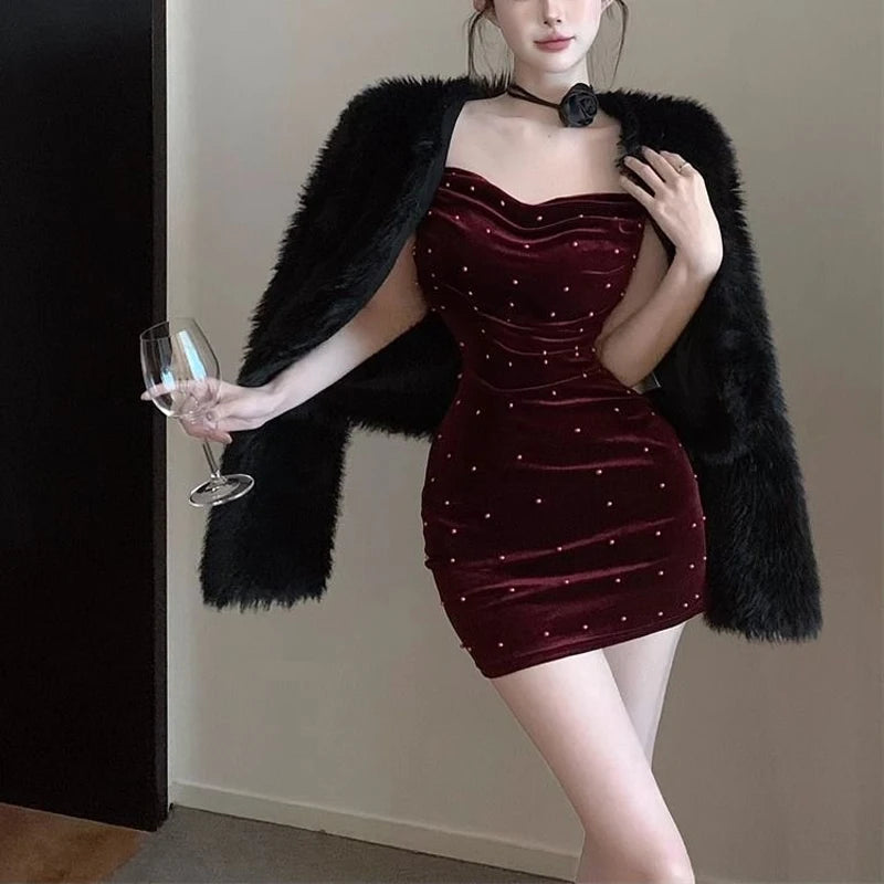 Spring Autumn Solid Color Fashion Slip Dress Women High Street Sexy Slim Pleated Package Hip Dress Embroidered Flares Vestidos
