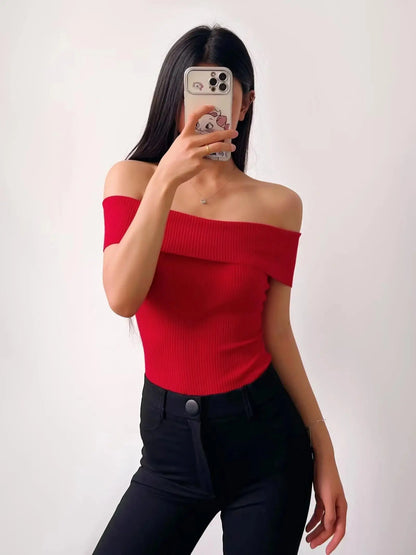 Off Shoulder Rib Knitted Bodysuit