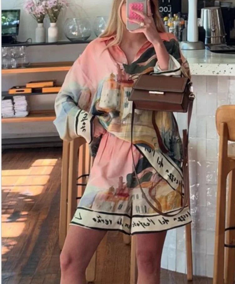 Ladies Fashion Casual Matching Outfit Daily Vacation Wear Women Autumn New Printed Shirt and Shorts Two Piece Set - Shellss