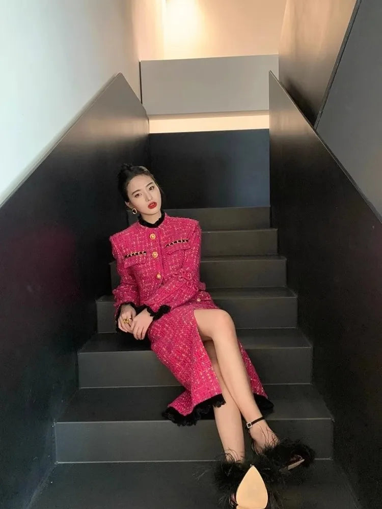 Pink Tweed Short Jacket & Skirt Two Piece - Shellss