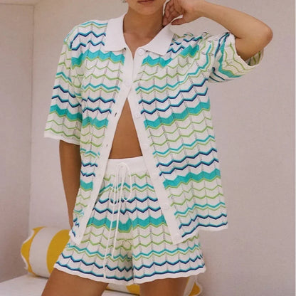 1 Casual Knitted Color Block Stripe Set