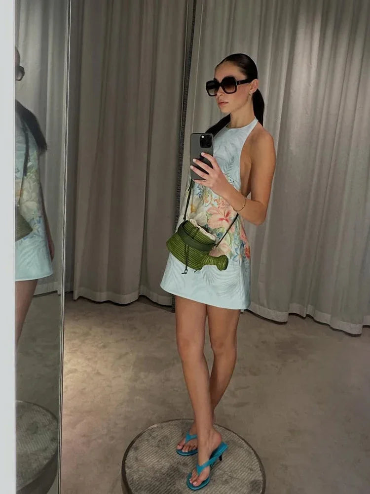 Bohemian Floral Print Halter Neck Mini Dress Women Sexy Sleeveless Backless Short Skirt Lady Summer Party Vacation Beachwear
