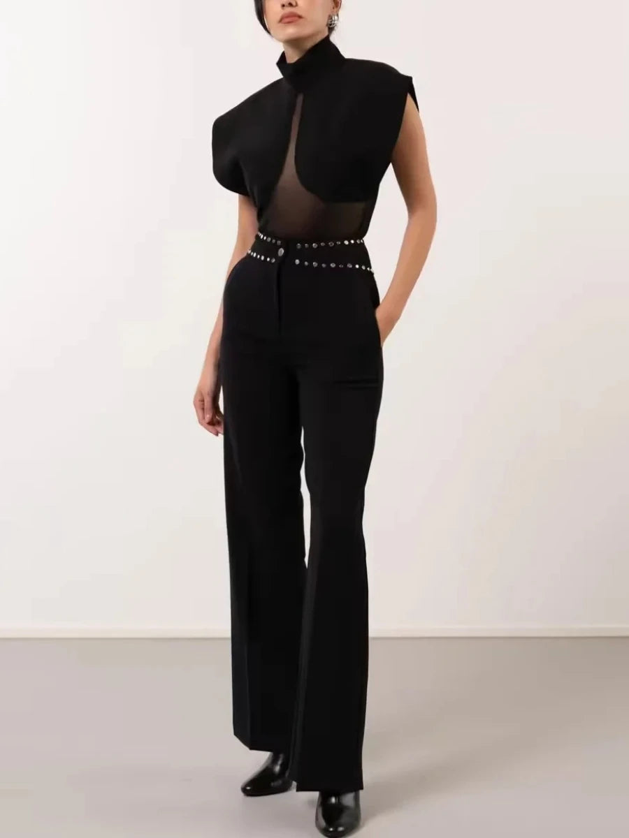 TWOTWINSTYLE Black Loose Spliced Mesh Jumpsuits for Women Stand Collar Sleeveless Sexy Temperament Jumpsuit Female Fashion New