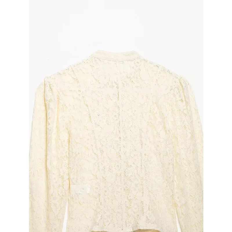 2026French Vintage Floral Lace Cropped Jacket Mandarin Collar Frog Knot Buttons Puff Long Sleeve Slim Retro Outerwear for Women