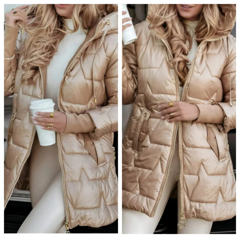 Women's Winter Warm Hooded Mid Length Coats Thicken Outwear Pockets Coat Parka Jacket