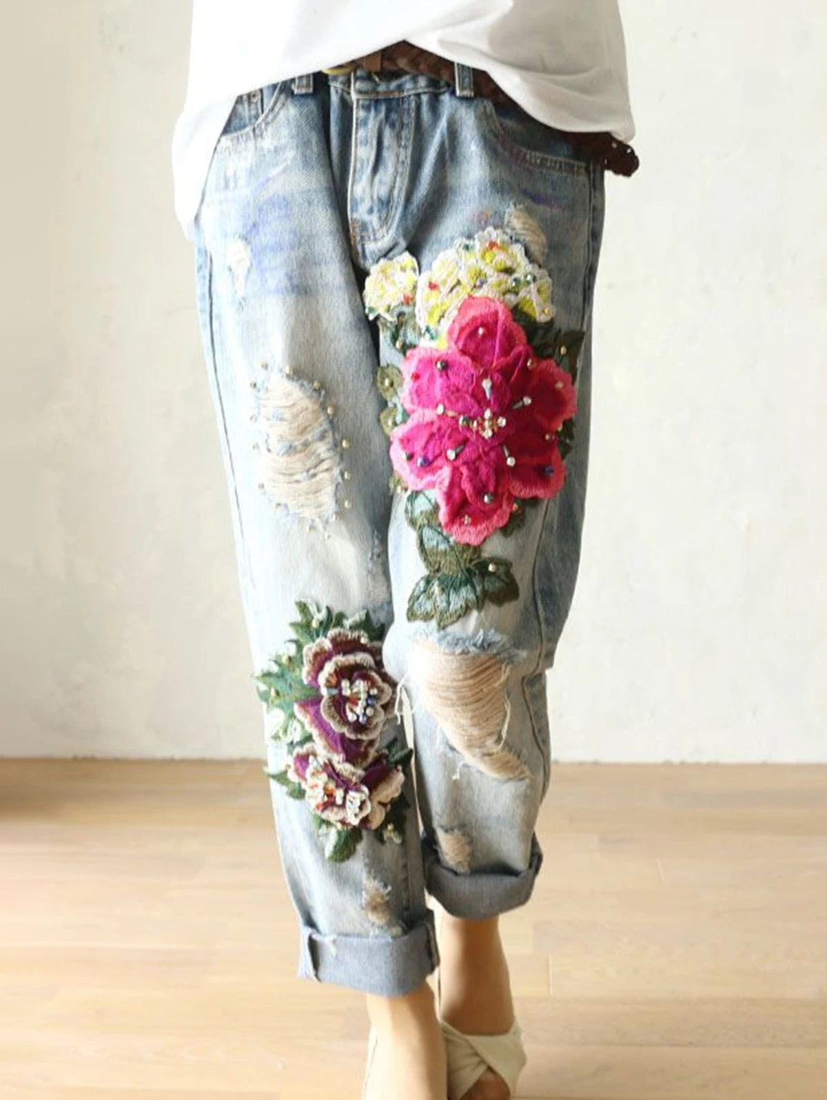 Floral Embroidery Denim Loose Harem Pants